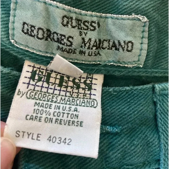 Vintage 90s Guess Shorts Size 16/28 Green Denim Green Triangle Georges Marciano - Picture 2 of 7
